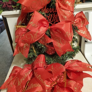 Christmas Tree Bows, Set of 10 Red Satin Merry Christmas Vintage Style Bows
