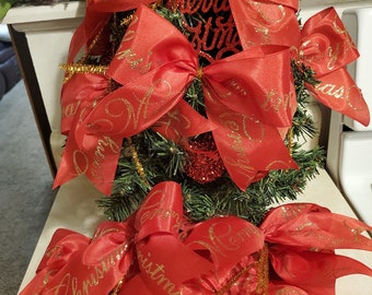 Red Satin Christmas Tree Bows, Set of 10 Merry Christmas Wired Ribbon