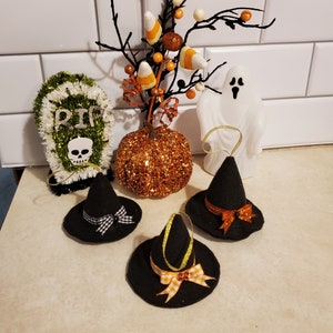 Witch Hats, Felt Witch Hat Ornaments, Halloween Felt Ornaments, Set of 3 Witch Hat Ornaments with Orange Black & White Trim