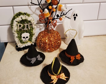 Witch Hats, Felt Witch Hat Ornaments, Halloween Felt Ornaments, Set of 3 Witch Hat Ornaments with Orange Black & White Trim