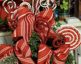 Peppermint Stripe Christmas Tree Bows: Glittered Red Holiday Decor (Set of 10)