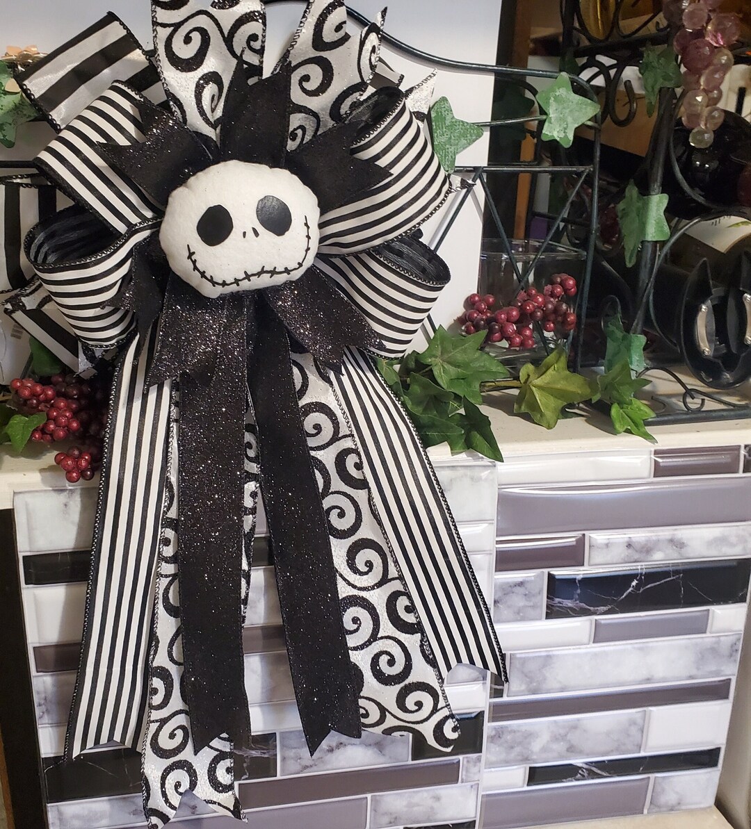 NBC Themed Tree Topper, Black and White Tree Topper Bow, Smily Santa Head Tree Topper Bow Etsy