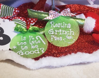 Whoville Christmas Ornaments: Green Monster Glitter Acrylic Baubles (Set of 2)