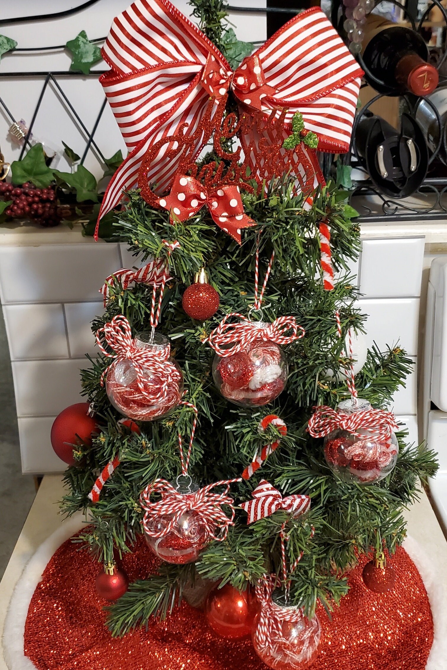 Peppermint Christmas Ornaments: Red & White Globe Set of 5