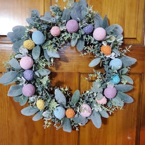 Easter Egg Wreath, Colorful Spring Easter Wreath, Pastel Easter Egg Wreath with Greenery