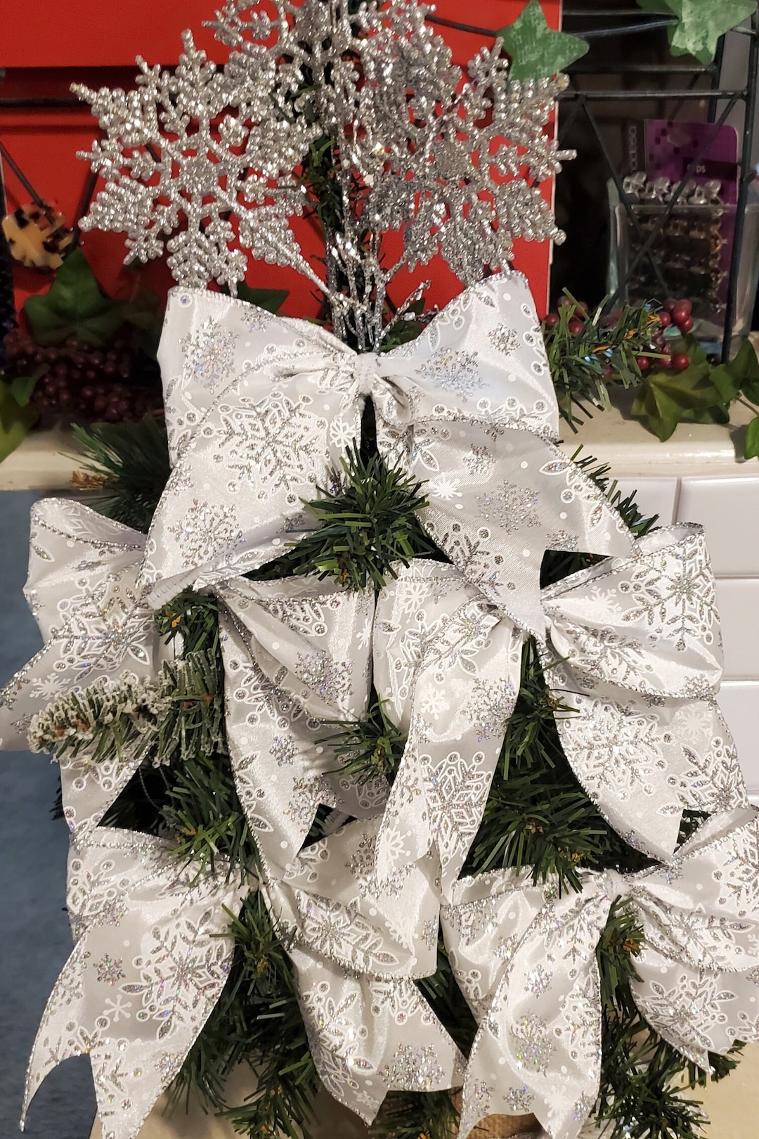 White Christmas Tree Bows, Set of 10, Snowflake Vintage Style Bows Etsy