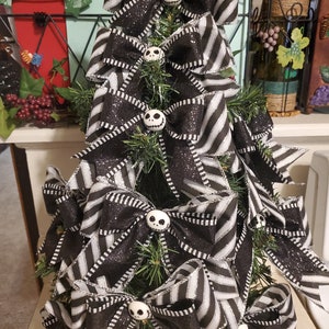 Christmas Tree Bow (Set of 5) Black White Striped 3 -D Tree Bows