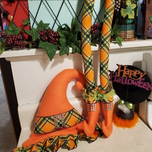 Witch Hat and Legs Wreath Attachments, Orange Plaid Witch Hat and Legs