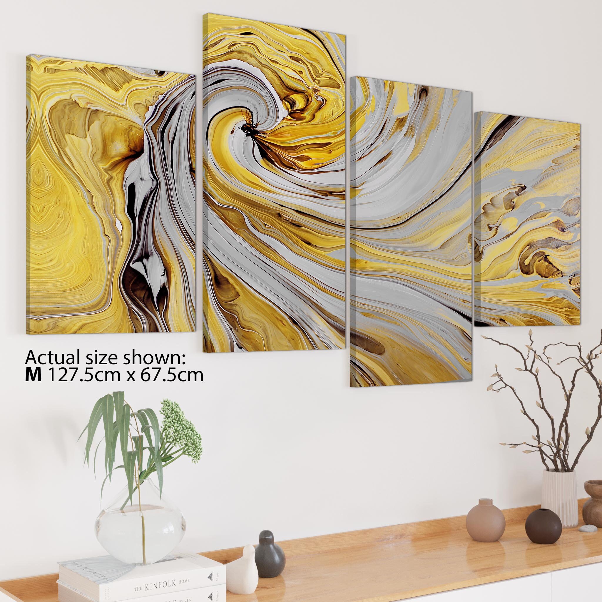 Mustard Yellow and Blue Swirl Living Room Canvas Pictures Abstract Print 