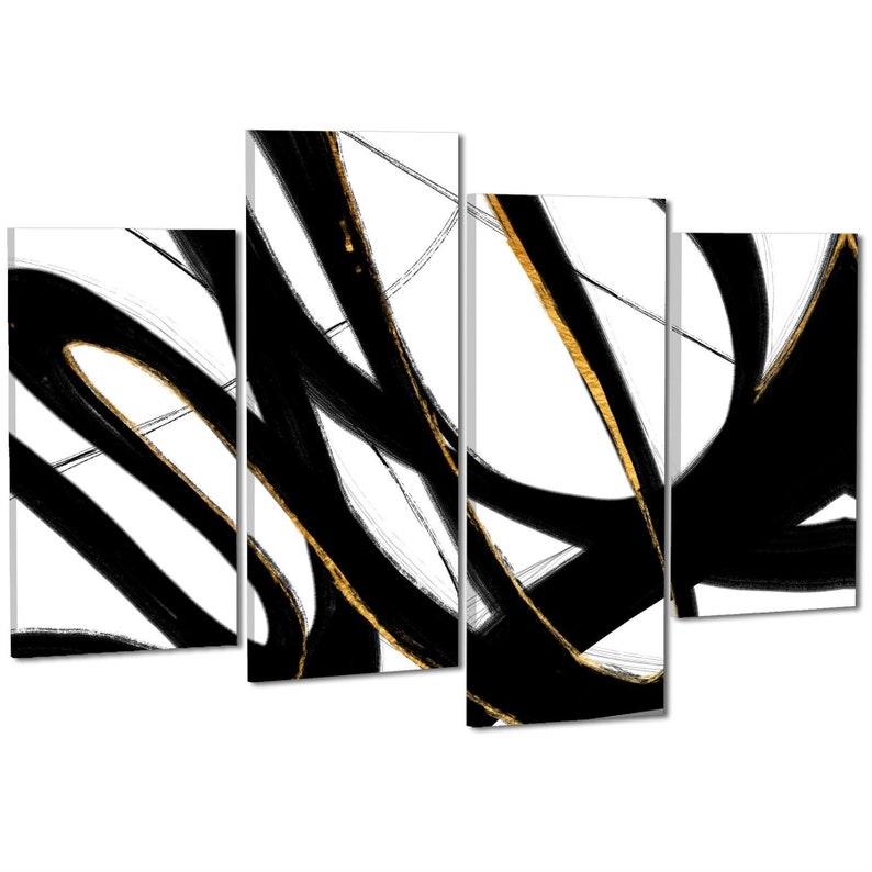 Abstract Black and White Yellow Swirls Brushstrokes Canvas Art Etsy UK