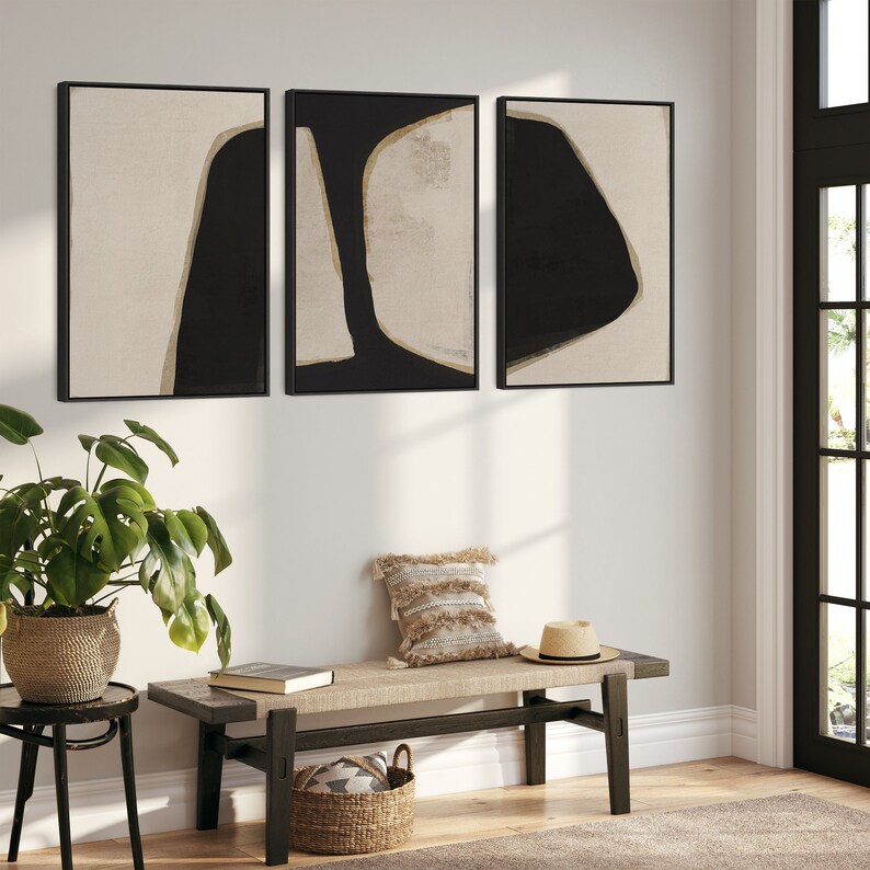 Large Beige Black Abstract Wall Art - Framed Canvas Set of 3 - Etsy