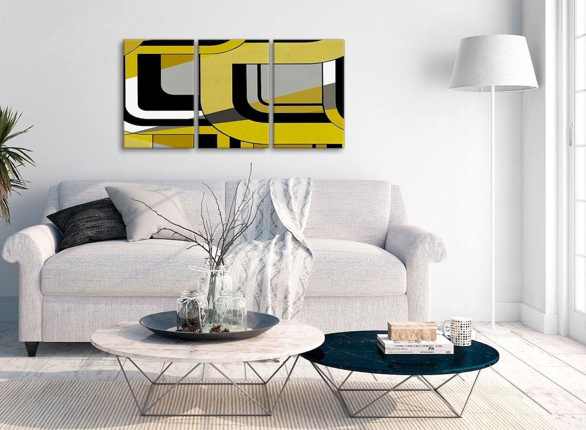 Yellow Black and White Abstract Canvas Wall Art Print Etsy