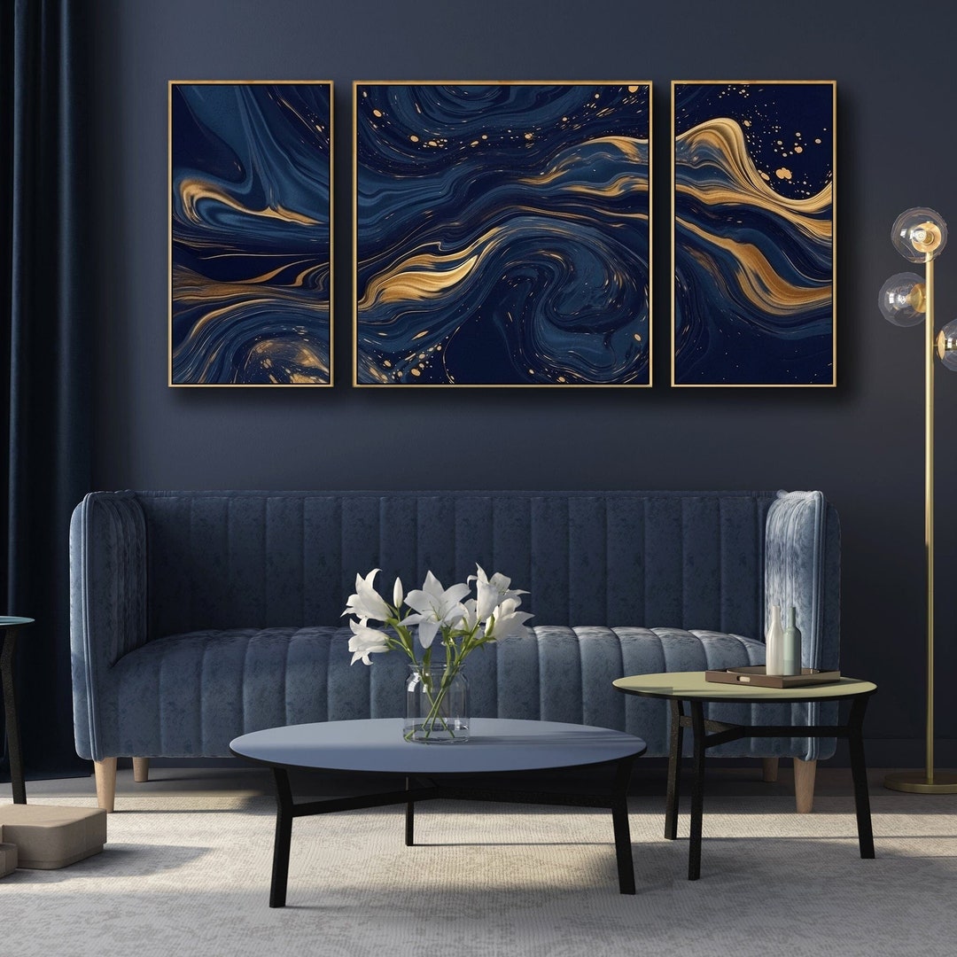 Large Navy Blue Gold Wall Art - Abstract Framed Canvas Set of 3 XXL ...