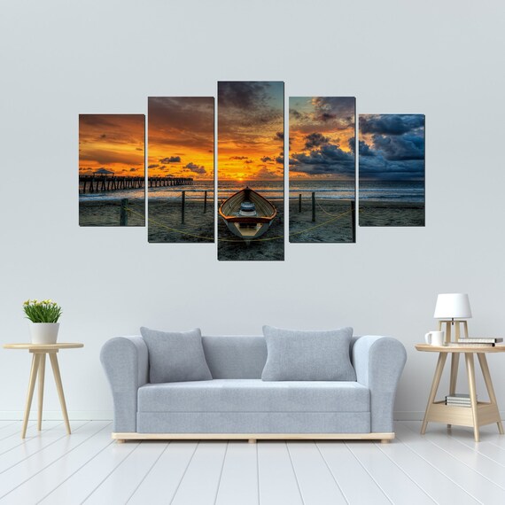 Beach Boat And Sunrise Picture Print On Canvas Wall Art Multi Frames 5 Panels