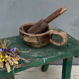 Antique Wood Bowl, Wood Mug, Wood Mortar, Wood Utensils, Antique Bucket, Rustic Wood Bowl with Handle, Farmhouse Decor, Vintage mortar