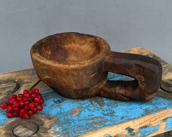 Antique Wood Bowl, Wood Mug, Wood Mortar, Wood Utensils, Antique Bucket, Rustic Wood Bowl with Handle, Farmhouse Decor, Vintage mortar