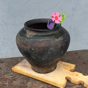 6.6" Vintage Ukrainian Clay Pot, Primitive Folk Pottery, Black Smoked Earthenware Vessel, Rustic Farmhouse Decor