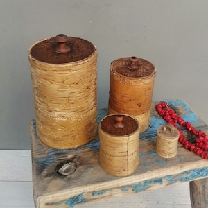 Four vintage boxes with a birch bark lid, Unique rustic vintage handmade round birch box, Matryoshka style, Primitive flower vase, Decor