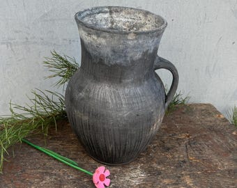8.6" Antique Ukrainian Clay Jug, Primitive Folk Pottery, Rustic Farmhouse Decor, Handmade Earthenware Pitcher, 1950s Ceramic Vessel