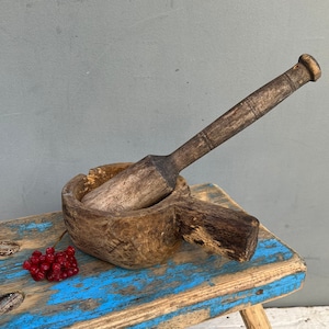 Cuenco de madera antiguo, taza de madera, mortero de madera, utensilios de madera, cubo antiguo, cuenco rústico de madera con asa, decoración de granja, mortero vintage