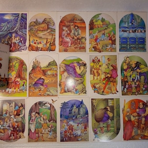 Sowjetische Postkarten. Set von 15 Illustration von, Kinderliteratur Tom Thumb Boy mit einem Finger-Märchen in Zeichnungen Vintage Postkarten