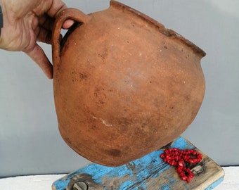 9.6 in Vintage Ukrainian Clay Jug / 1950s Primitive Folk Pottery Pitcher / Rustic Terracotta Earthenware Ewer for Wabi Sabi Kitchen Decor