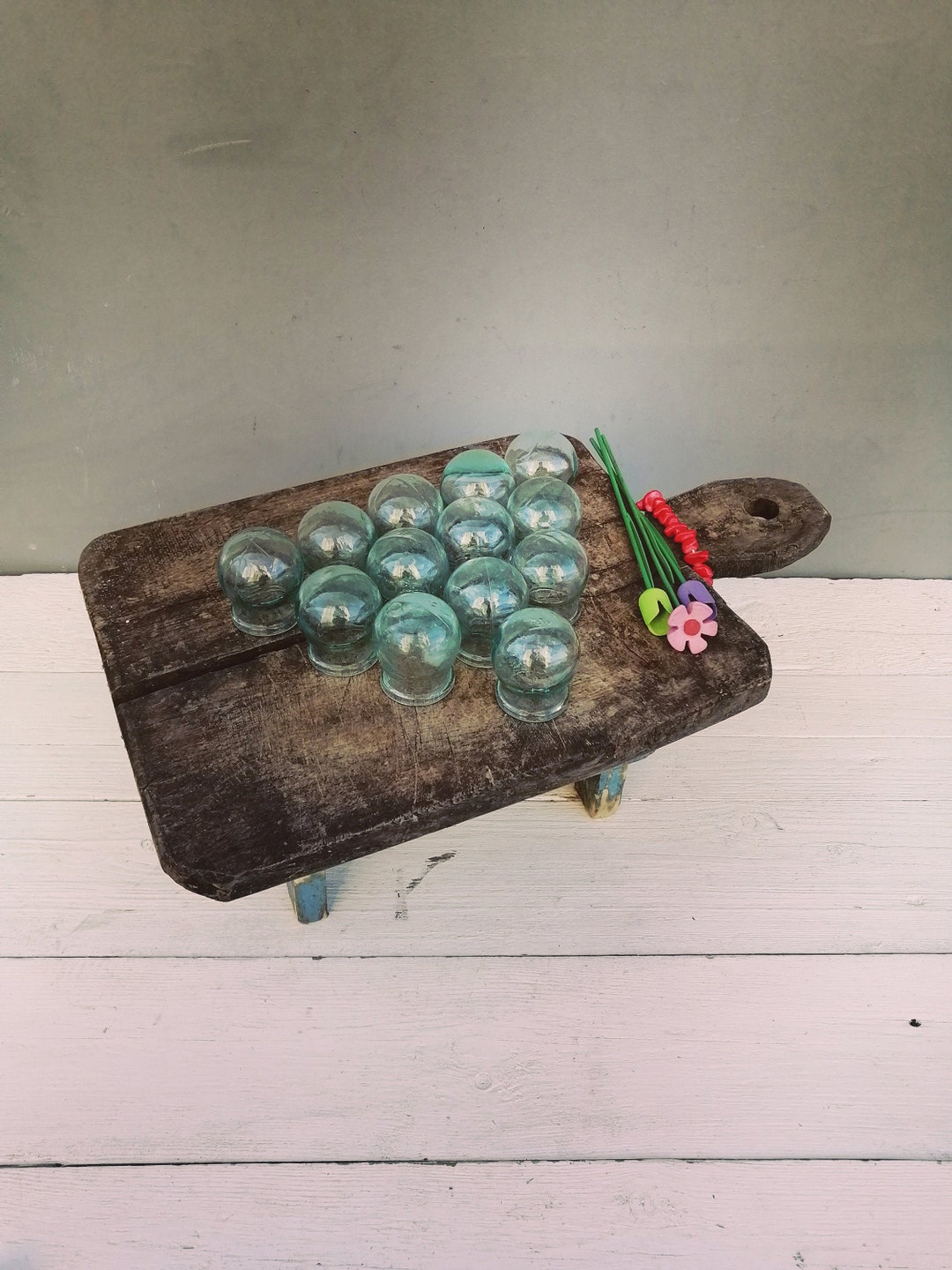 Ancient Soviet Medical Banks. Set of 13 Medical Glass Jars. Transparent Cups for Chinese Massage