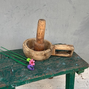Antique Wood Bowl, Wood Mug, Wood Mortar, Wood Utensils, Antique Bucket, Rustic Wood Bowl with Handle, Farmhouse Decor, Vintage mortar