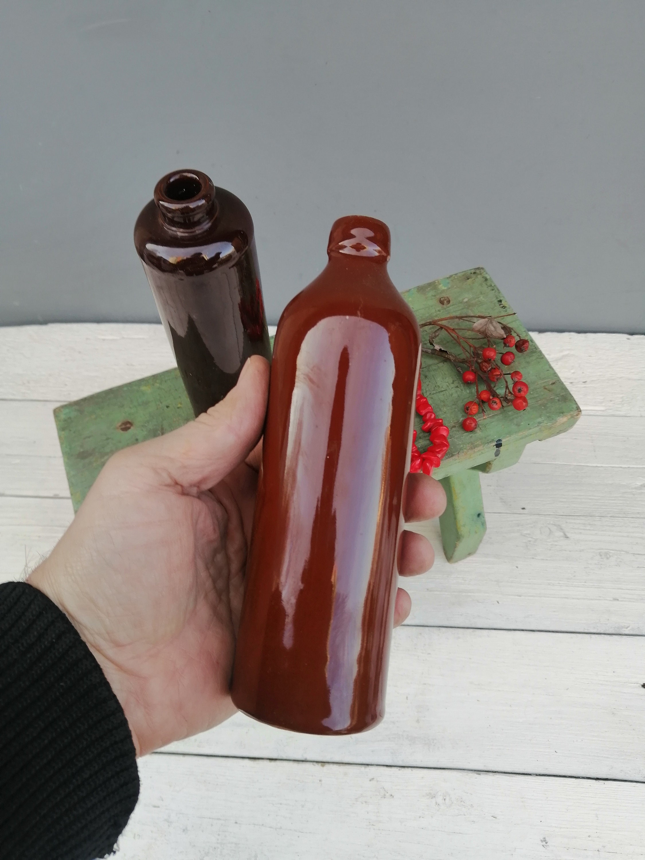 Vintage Ceramic Bottles Glossy Brown Ceramic Bottle Etsy UK