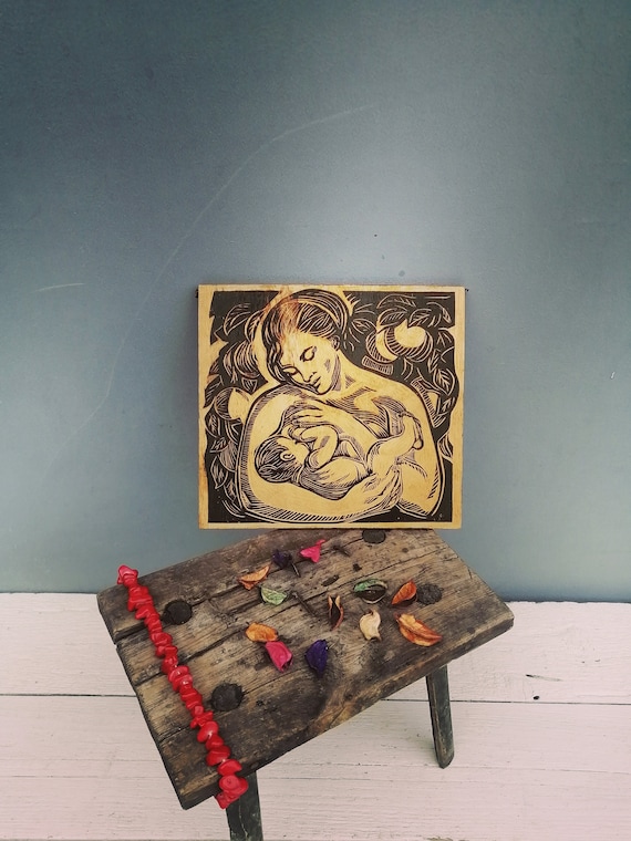 ウクライナのヴィンテージ彫刻木製パネル、母と子の壁アート（8.7x9.7 