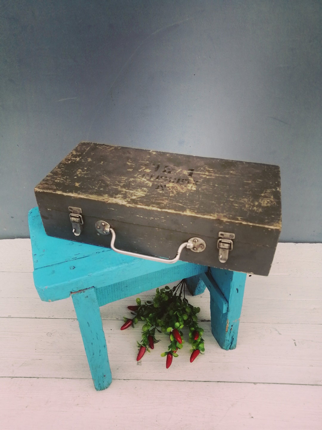 Vintage Wooden Box, Antique Wooden Box With Metal Folding Handle and