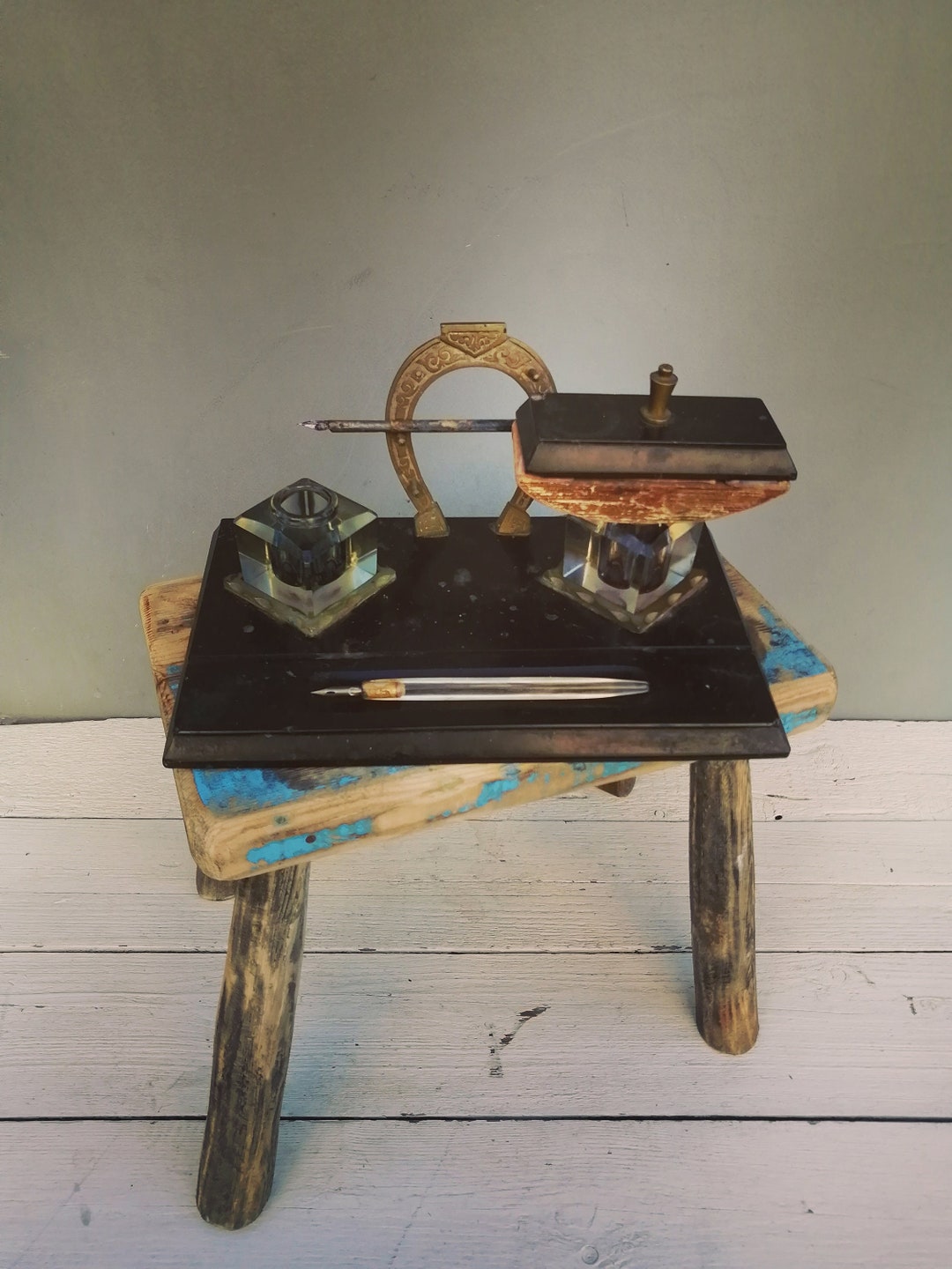 Stone Inkstand Retro Stone Two Glass Ink Stand, Vintage Office Two Container Ink Tank ...
