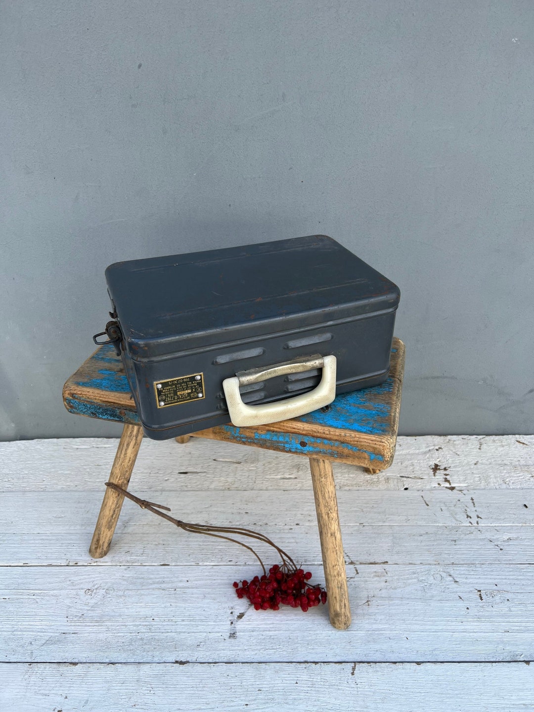 Vintage Metal Box, Antique Metal Box With Plastic Handle and Metal