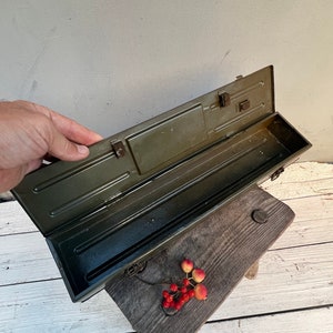 Vintage Metal Box, Antique Metal Box with Leather Folding Handle and Metal Clasp, Vintage Storage Box, Primitive Box, Vintage, Sturdy box