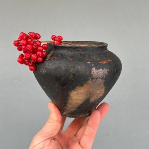 6" Vintage Black Clay Pot, Ukrainian Folk Pottery, Smoke Fired Ceramic Vessel, Primitive Rustic Decor, Wabi Sabi Accent