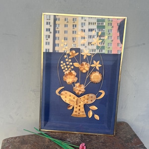 Straw panel &quot;Basket of flowers&quot;, Handmade straw painting,