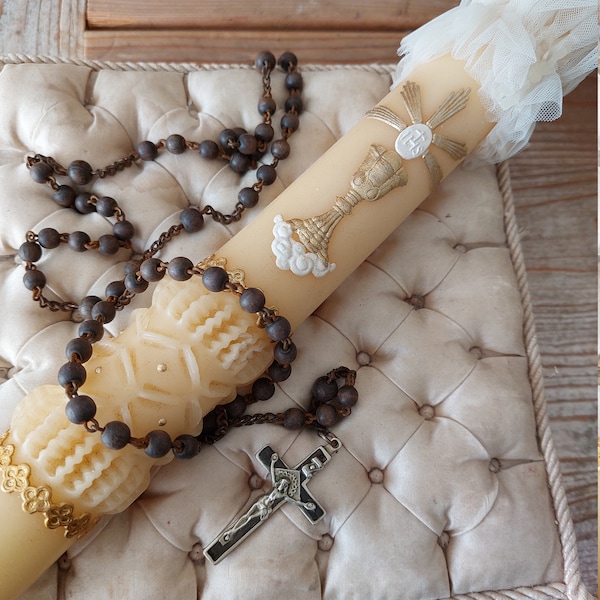 RARE antique vintage rosary religion religious church pray prayer 1900s relic wax candle holy communion