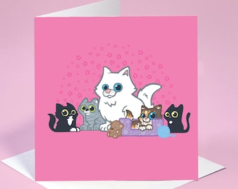 Stylish bright pink greeting card with cats, Pink card with cats and kittens, tortoiseshell cat card, silver tabby cat card, black cat card