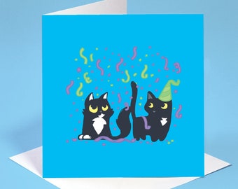 Carte de vœux pour chats et confettis, Carte de vœux colorée pour les amoureux des chats, Carte d’anniversaire avec chats noirs pour mari