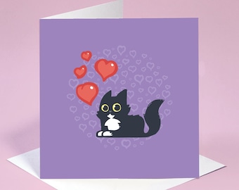 Love You black cat greeting card, Tuxedo cat and love hearts card, fluffy black and white cat card, Cute cat card for wife