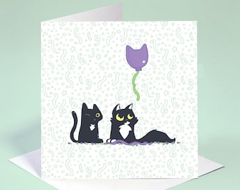 Cute cat greeting card, Black cats birthday card, Cats and balloon card, Cat lover birthday card, Card with black and white tuxedo cat