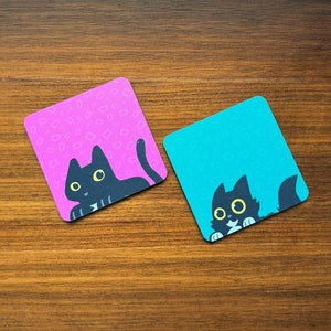 Set of two black cat coasters, Black cat and tuxedo coasters set, Two cork backed coasters with sweet black cats, Cute moving home gift