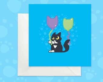 Birthday Card with black cat, bright blue birthday card for husband, sweet birthday card for him, tuxedo cat greeting card, card for husband