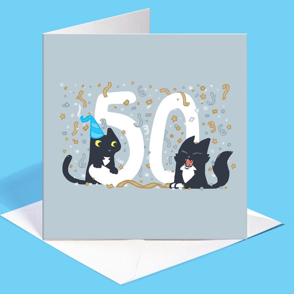 50th cat birthday card, Silver cat card for 50th birthday, Silver birthday card for 50 year old, Black cat card for 50 year old