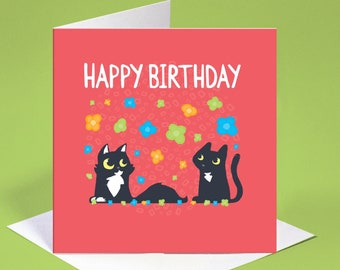 Black cat Birthday card with flowers, Bright red Happy Birthday cat card, Colourful black cat card for birthday, Birthday card for cat lover