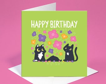 Birthday card with flowers and cats, Lime green Happy Birthday card, Cute black cat card for birthdays, Birthday flower card for cat lover