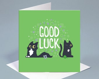Black cat Good Luck card, Green good luck card with black cats, Best of luck card with cats, Good luck to you card, Lucky black cats