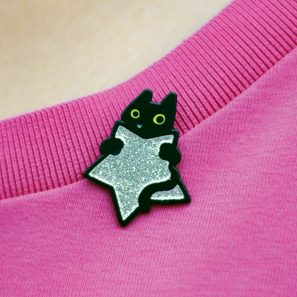 Black cat with silver star pin, Sparkly cat enamel pin, Black cat with glitter star pin, Cute soft enamel pin, pin for cat dad, cat mum gift