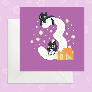 Kawaii Birthday card for three year old, Fun kids birthday card with black cats, Bright purple 3rd year birthday card, Cat card for kid