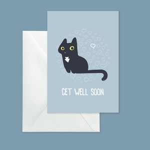 Carte de rétablissement avec chat noir, jolie carte de rétablissement avec chat noir, carte de rétablissement argentée avec chat noir, carte de voeux pour amoureux des chats